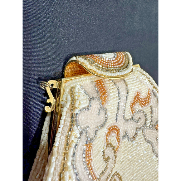Vintage Art Deco Glass Beaded Purse Evening Clutch 1950s Delill Gold Frame Cream - Picture 10 of 12